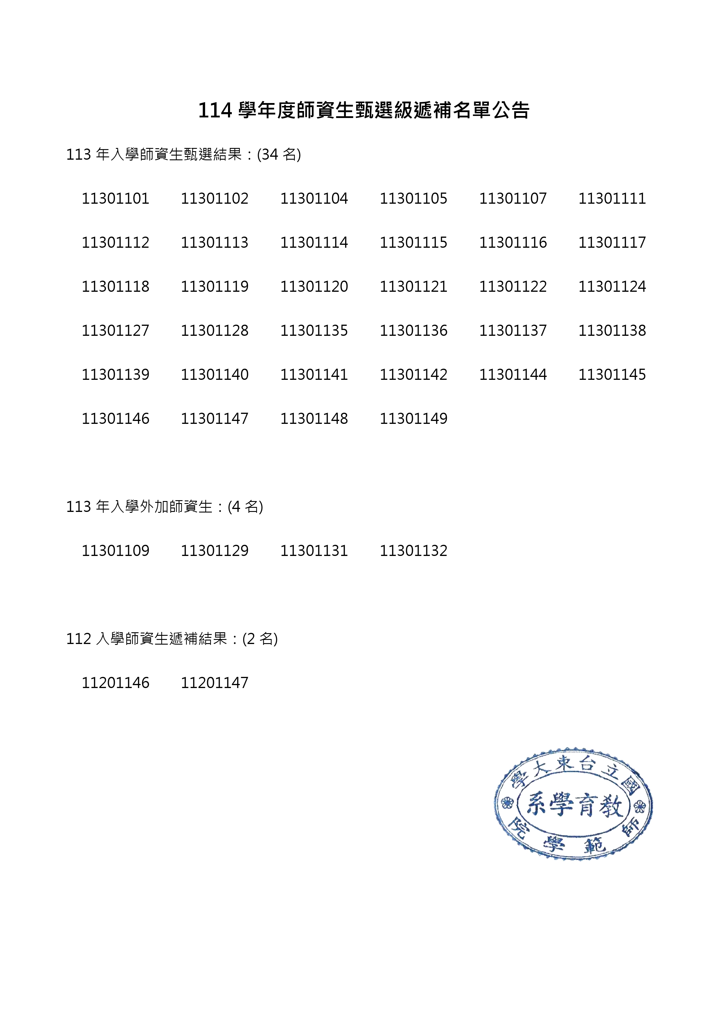 114學年度第1學期師資生甄選及遞補結果公告