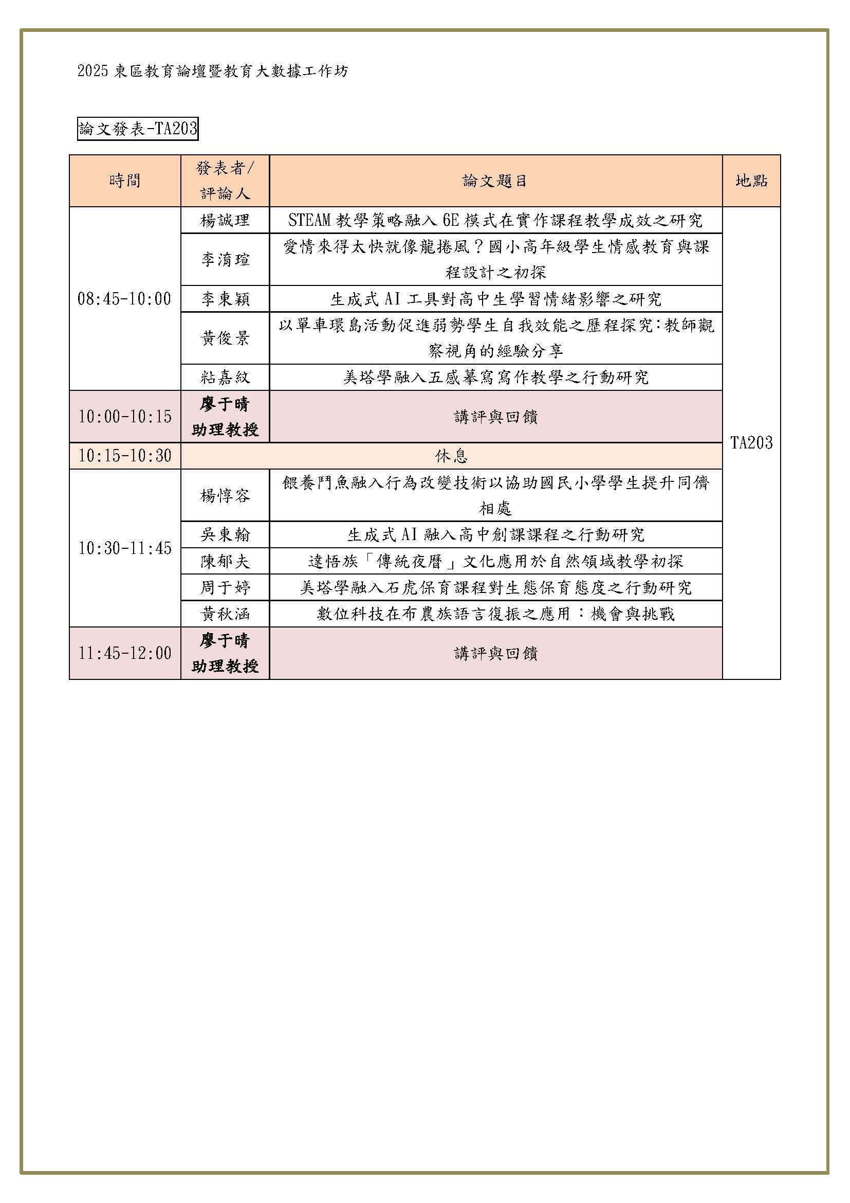 【教育學系】2025東區教育論壇暨教育大數據工作坊-TA203發表順序