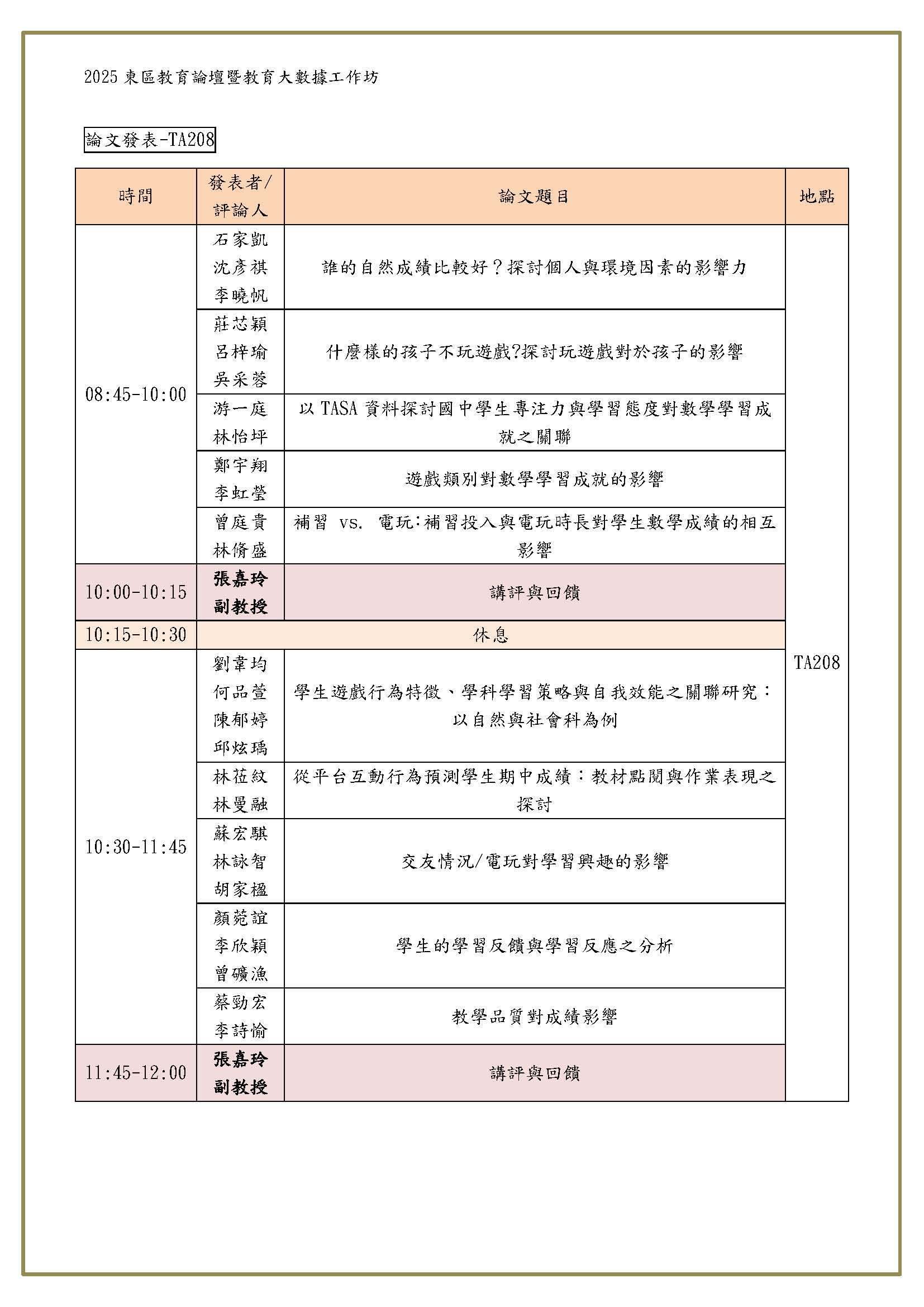 2025東區教育論壇暨教育大數據工作坊-TA208發表順序