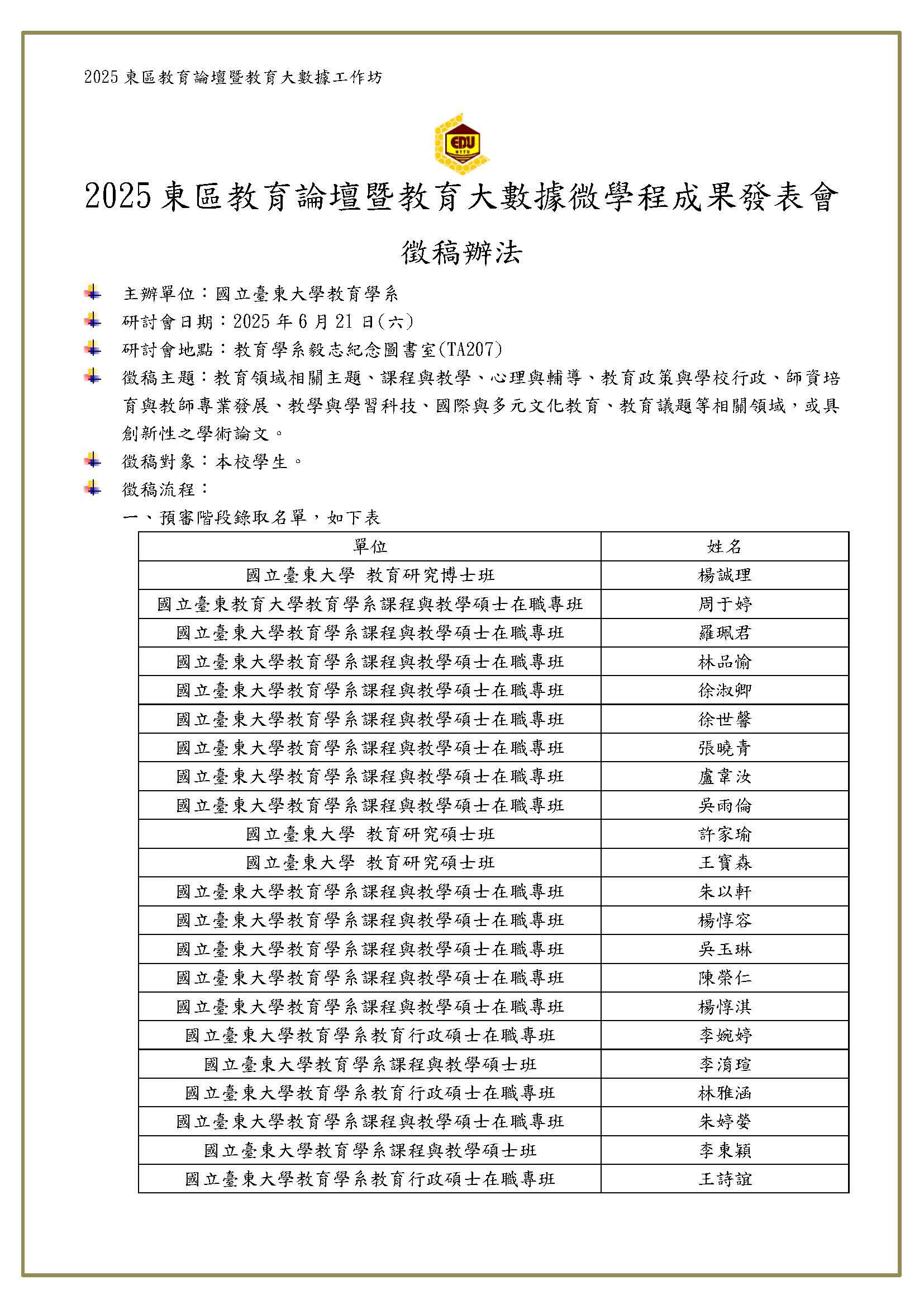 2025東區教育論壇暨教育大數據工作坊-第一階段錄取名單