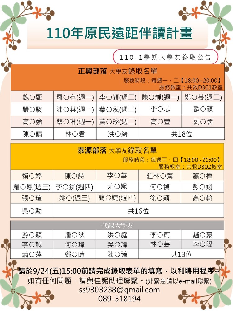 【教育學系】110年原民伴讀計畫 大學友錄取公告圖片