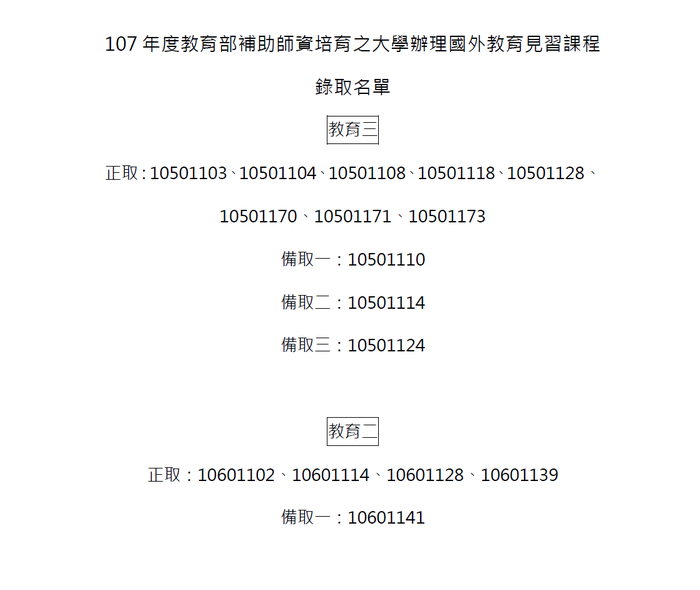【教育學系】107年度教育部補助師資培育之大學辦理國外教育見習課程錄取名單圖片